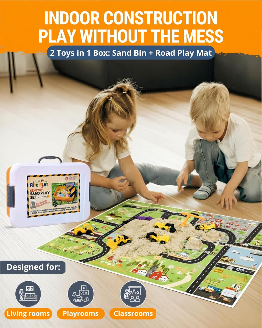 Construction Sensory Bin for Toddlers with 2-In-1 Play Mat 