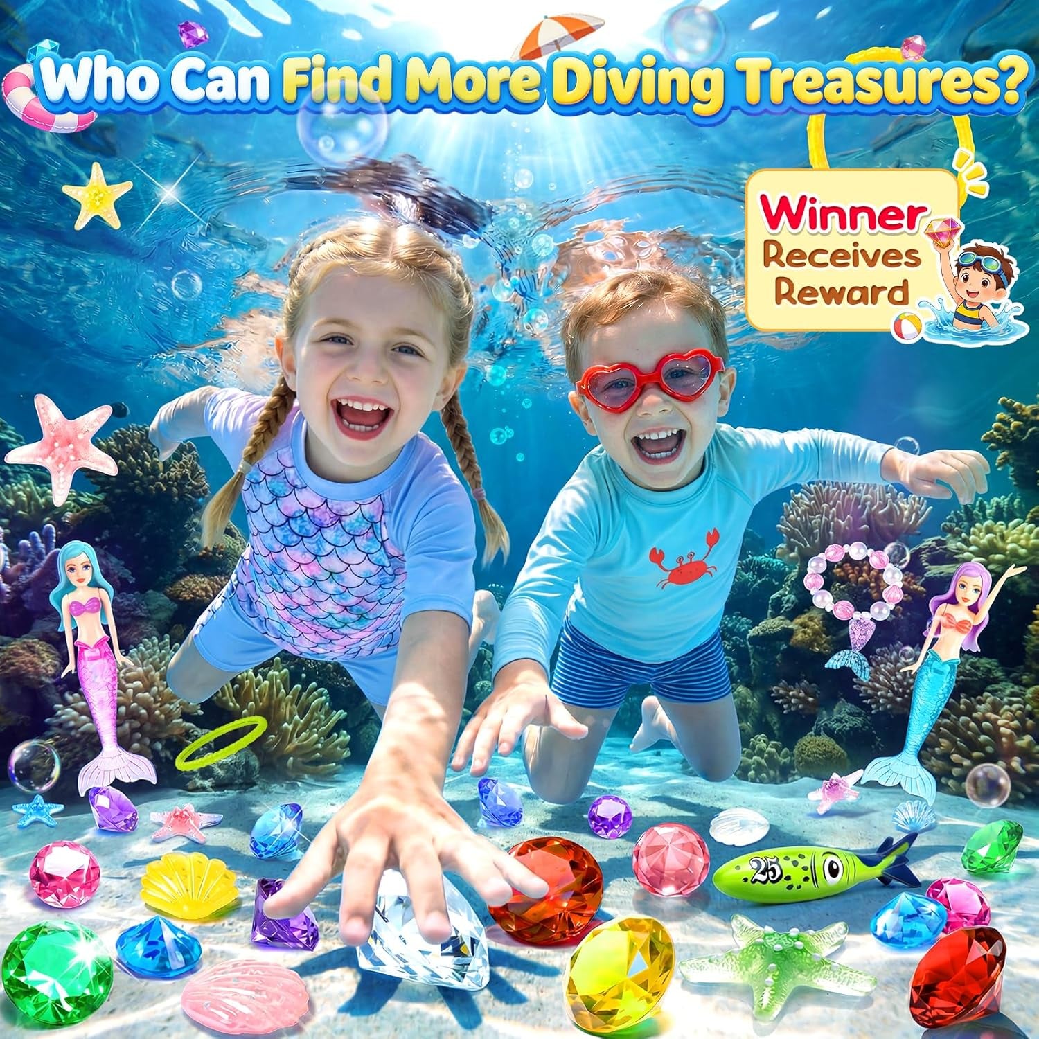 Diving Pool Toys for Kids Diving Gem Treasure Chest, 29Pcs 