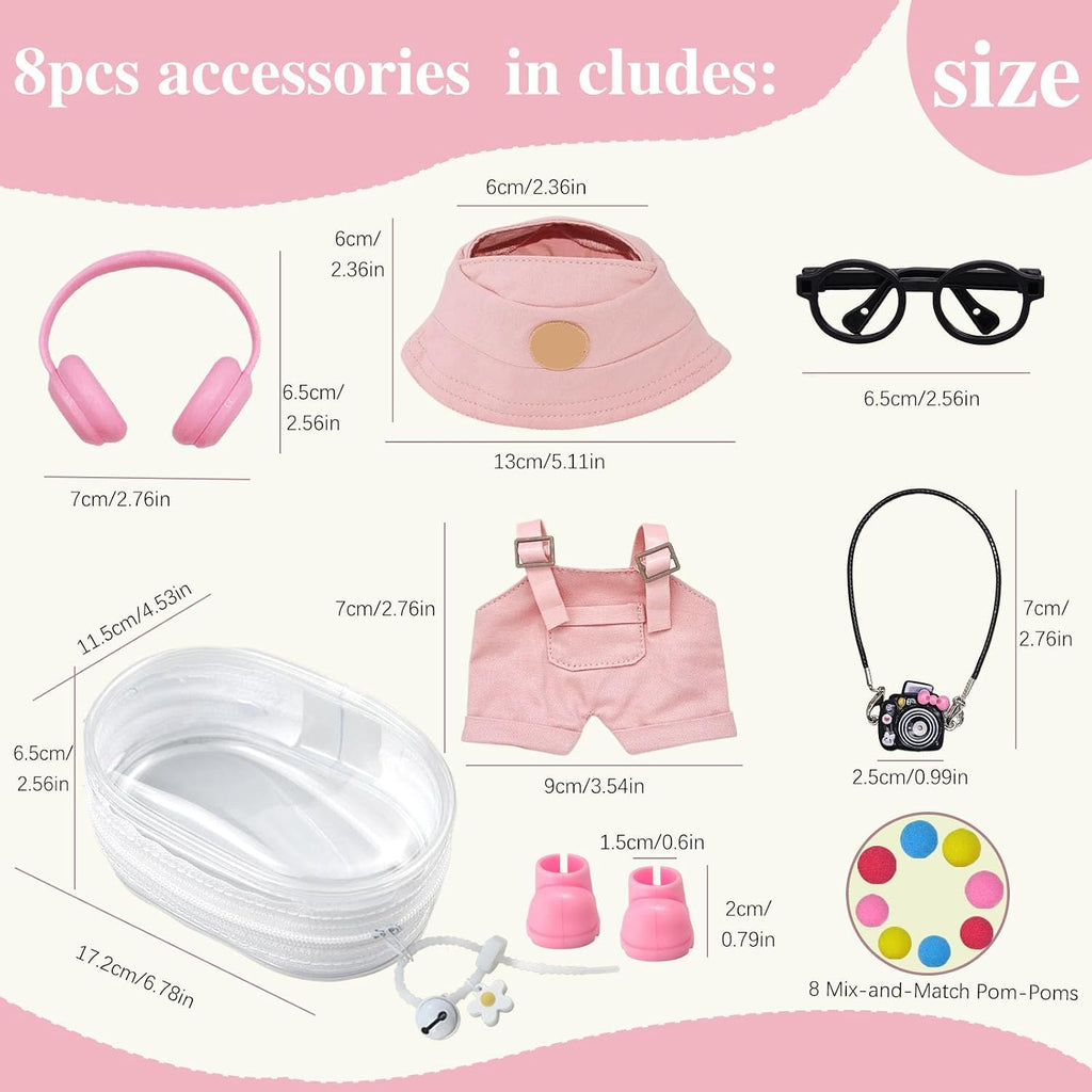 For Labubu Clothes Canvas Overalls & Hat Set - with Headphones, Camera, Bell & Case for 17Cm Doll 
