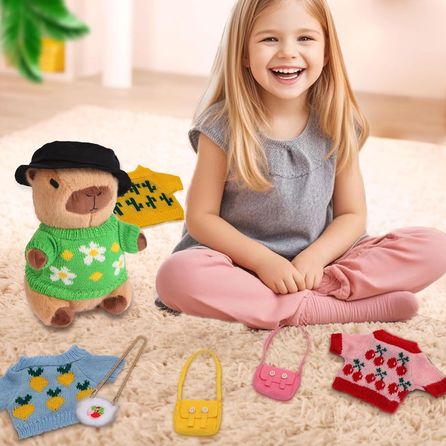 Cute Capybara Plush with 9 Pcs Clothes & Accessories