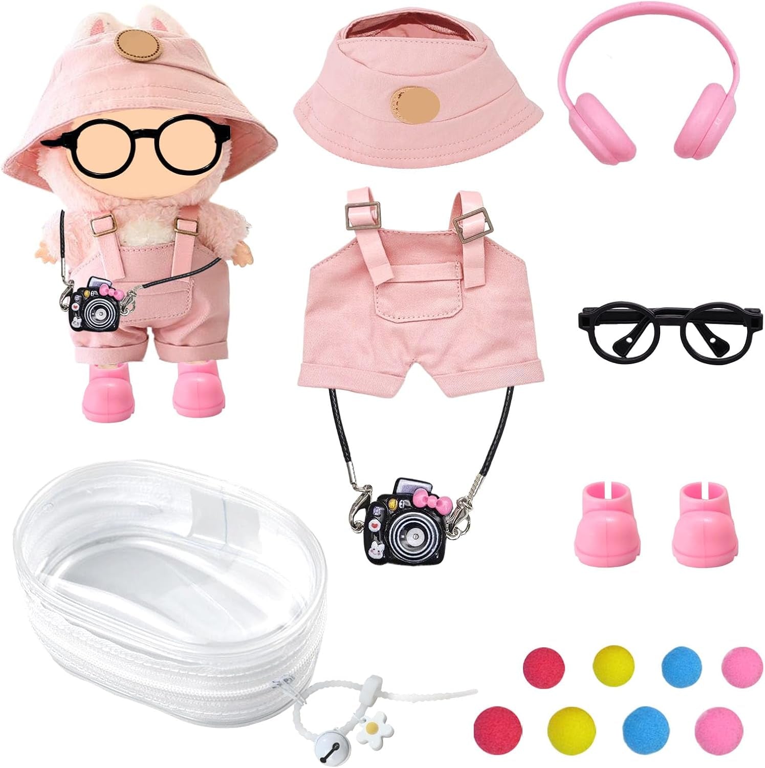 For Labubu Clothes Canvas Overalls & Hat Set - with Headphones, Camera, Bell & Case for 17Cm Doll 