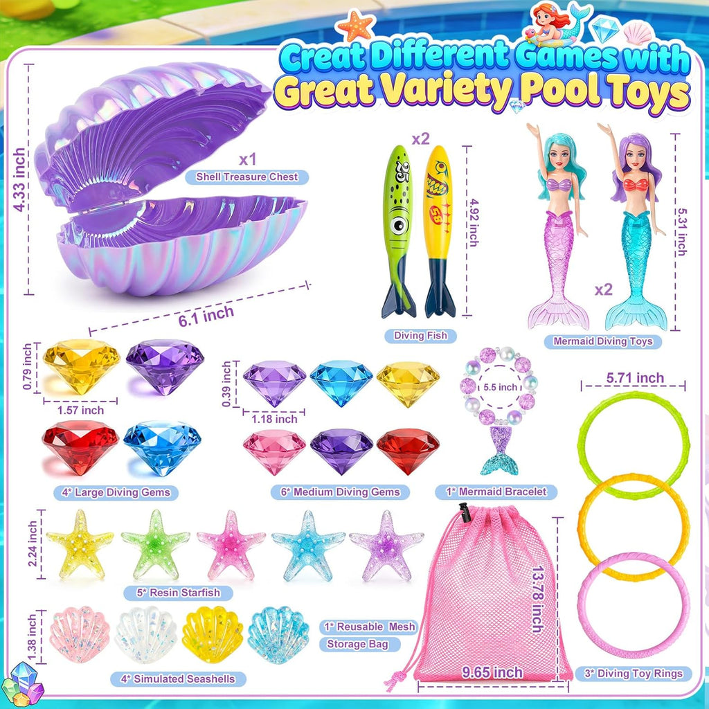 Diving Pool Toys for Kids Diving Gem Treasure Chest, 29Pcs 