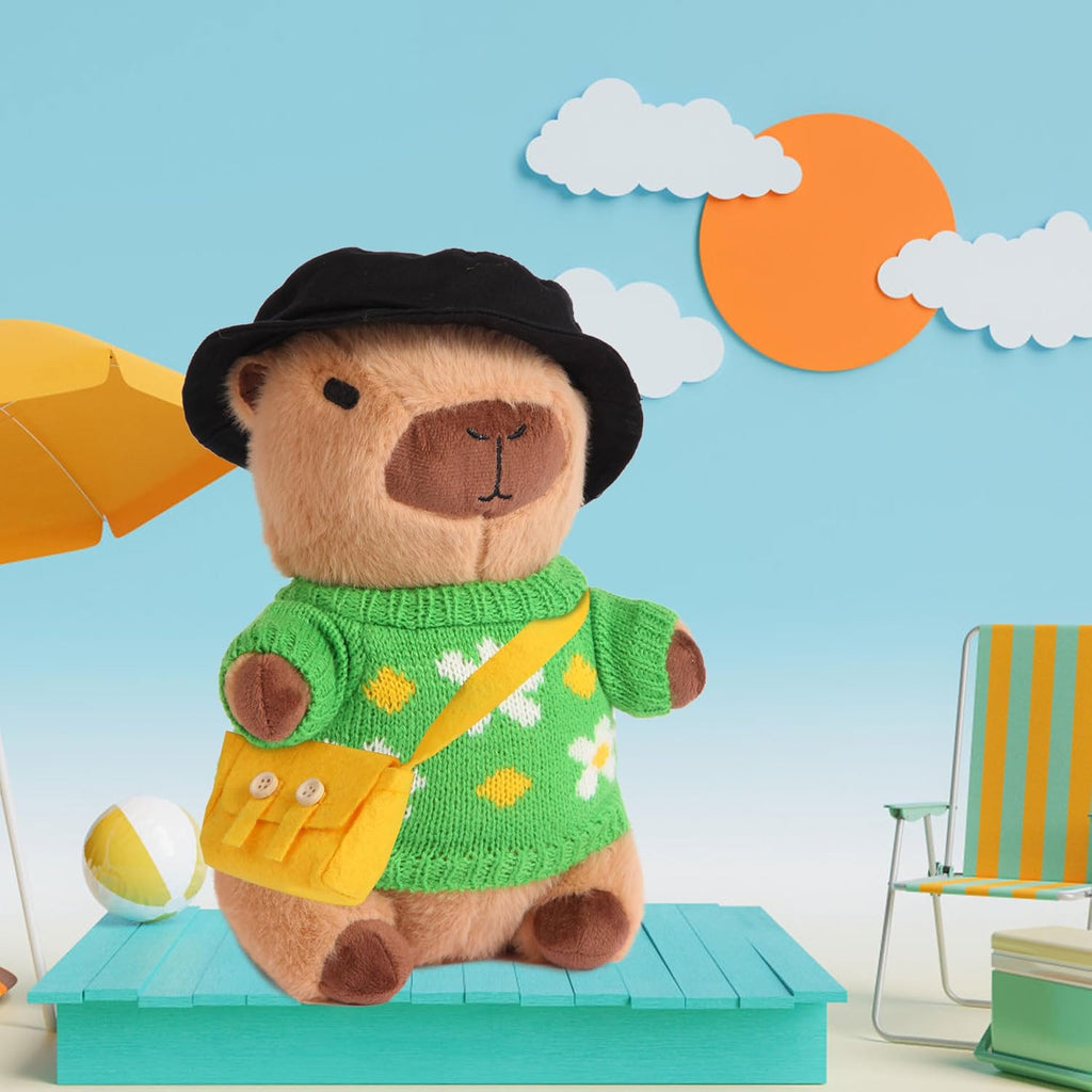 Cute Capybara Plush with 9 Pcs Clothes & Accessories
