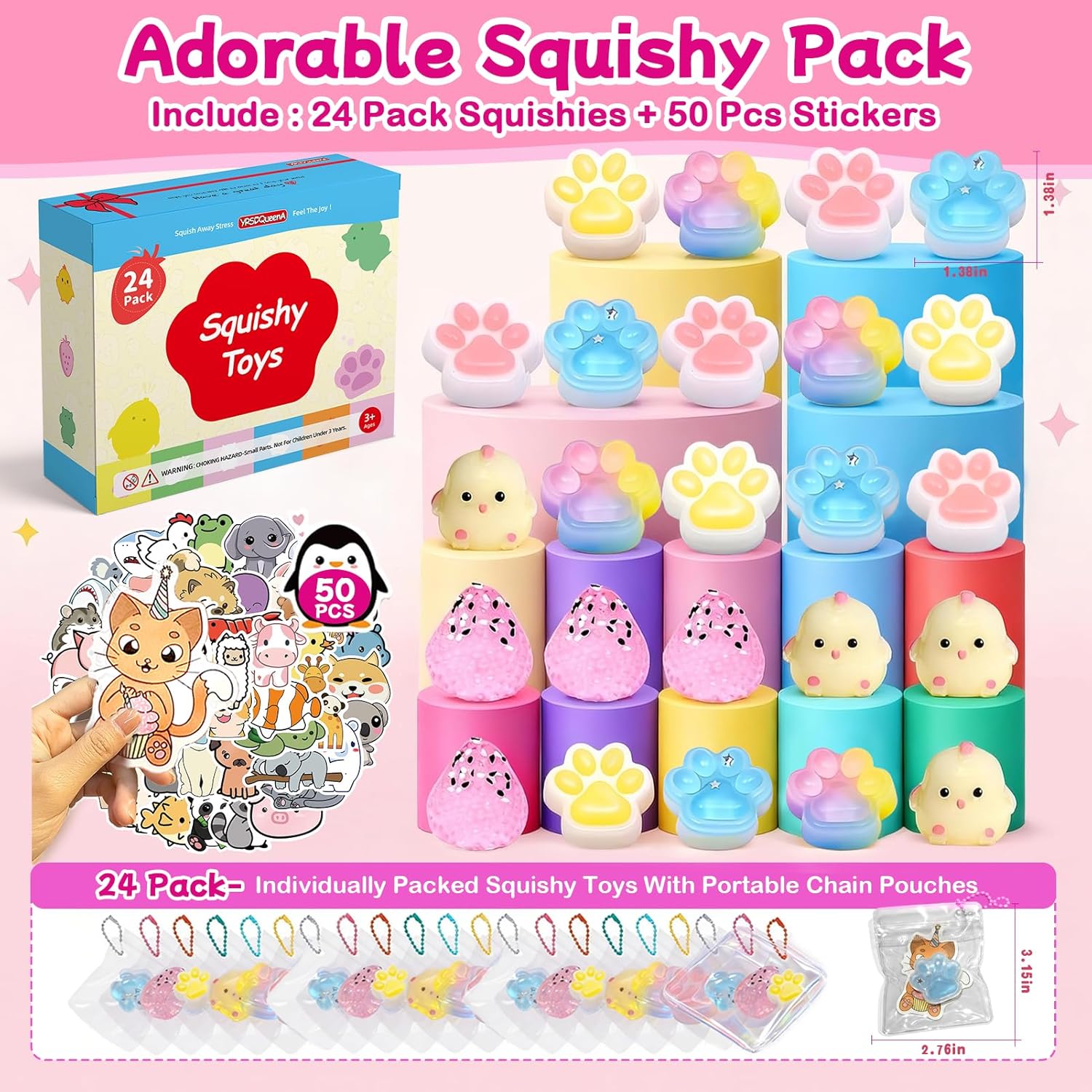 Taba Squishy Pack – 24 Pack Taba Squishies Squeeze Toys with 50 Stickers