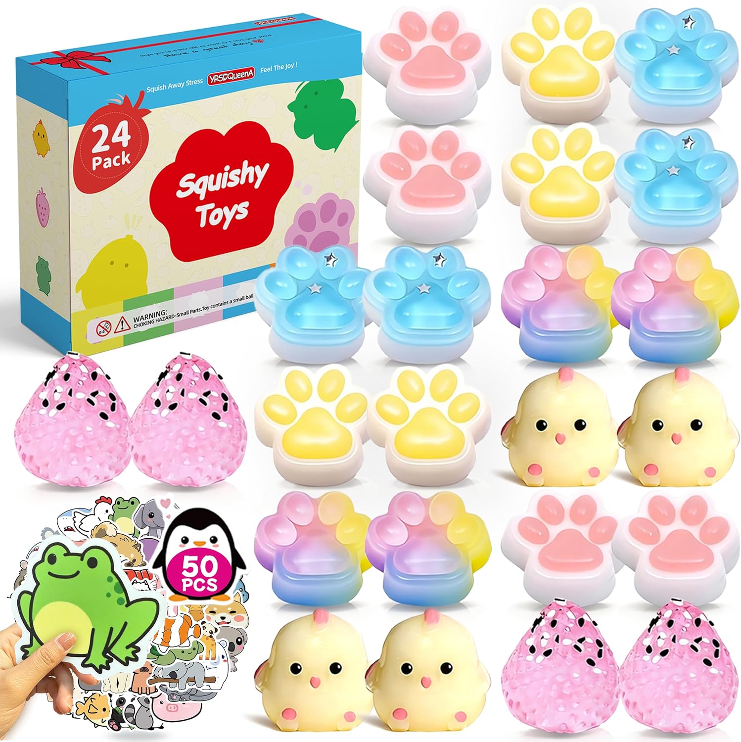 Taba Squishy Pack – 24 Pack Taba Squishies Squeeze Toys with 50 Stickers