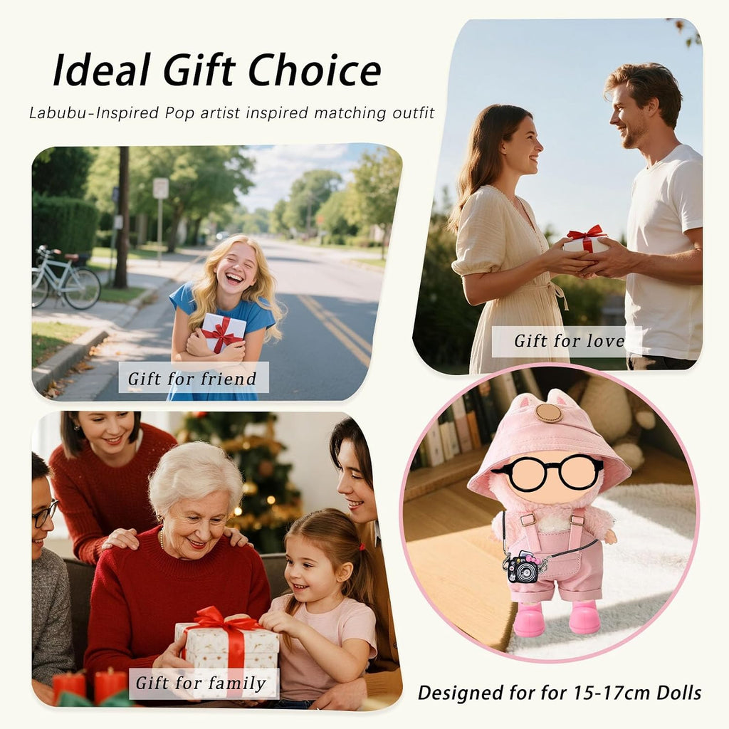 For Labubu Clothes Canvas Overalls & Hat Set - with Headphones, Camera, Bell & Case for 17Cm Doll 