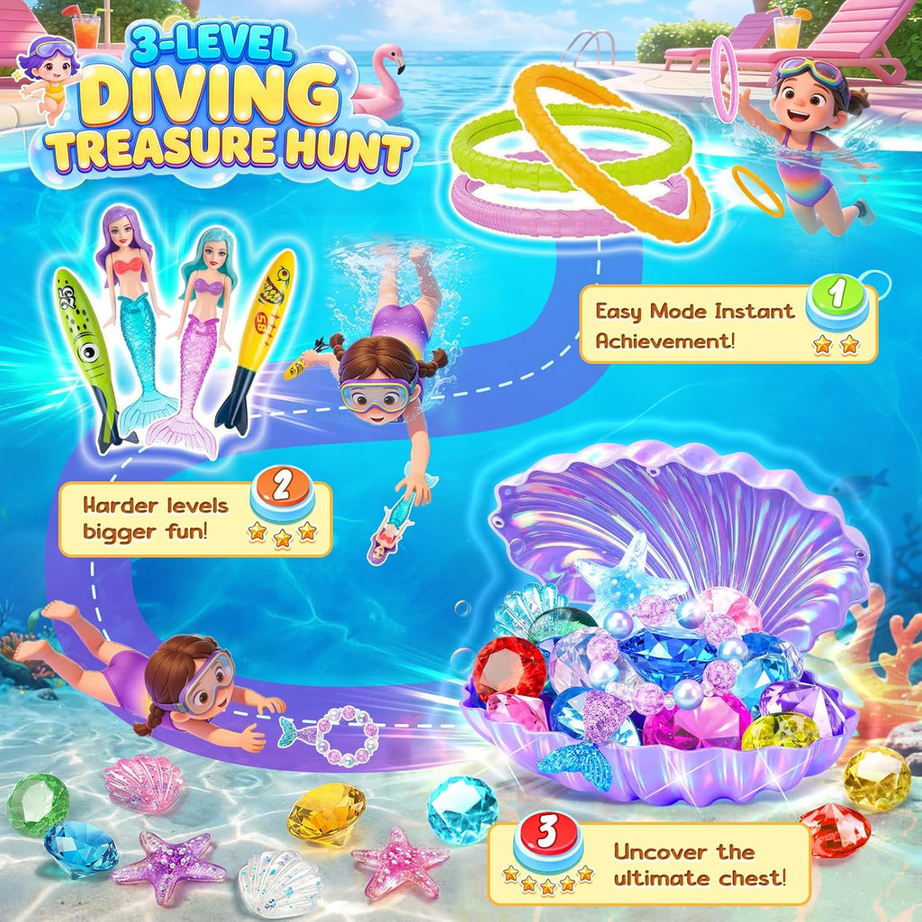 Diving Pool Toys for Kids Diving Gem Treasure Chest, 29Pcs 