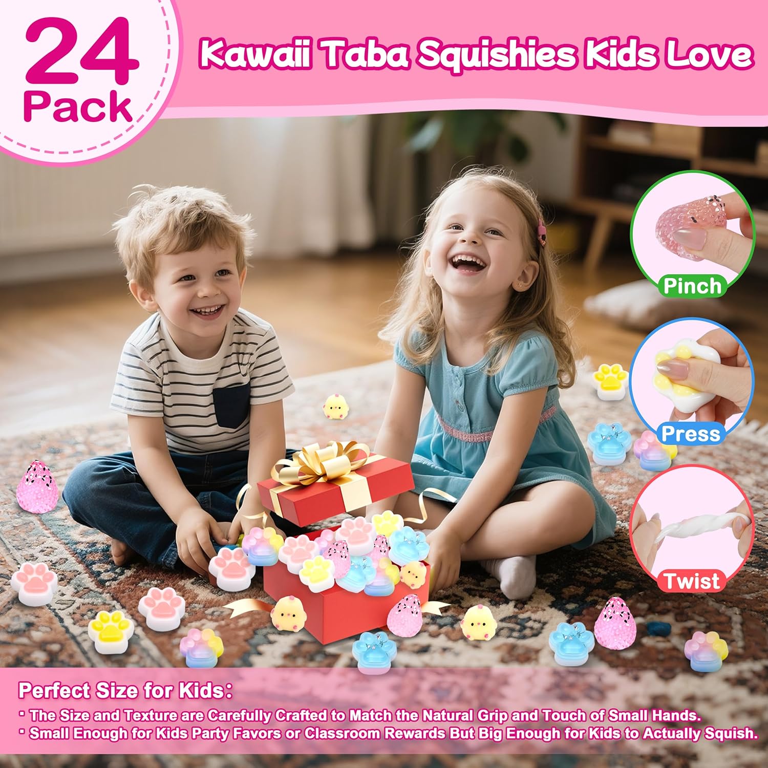 Taba Squishy Pack – 24 Pack Taba Squishies Squeeze Toys with 50 Stickers
