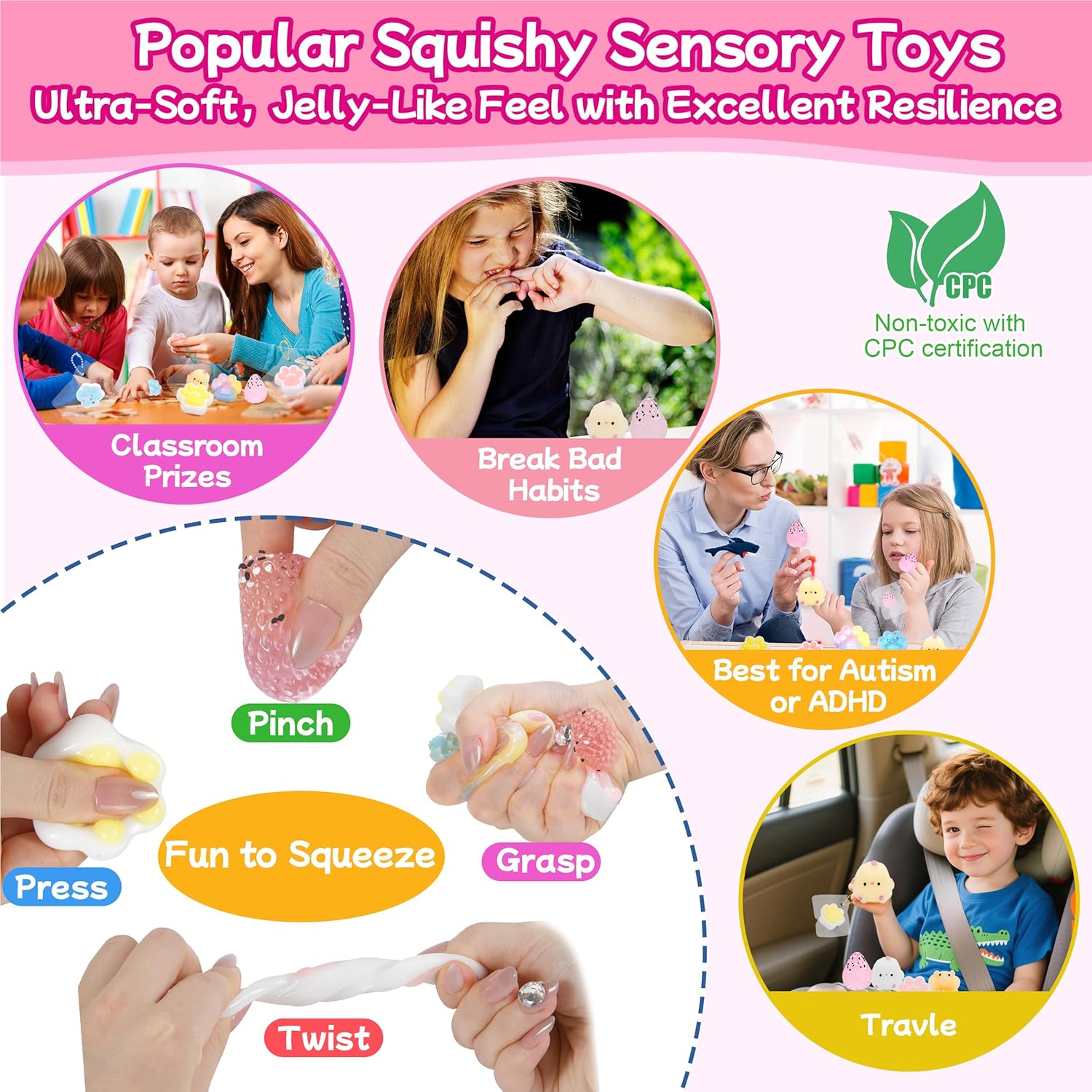 Taba Squishy Pack – 24 Pack Taba Squishies Squeeze Toys with 50 Stickers