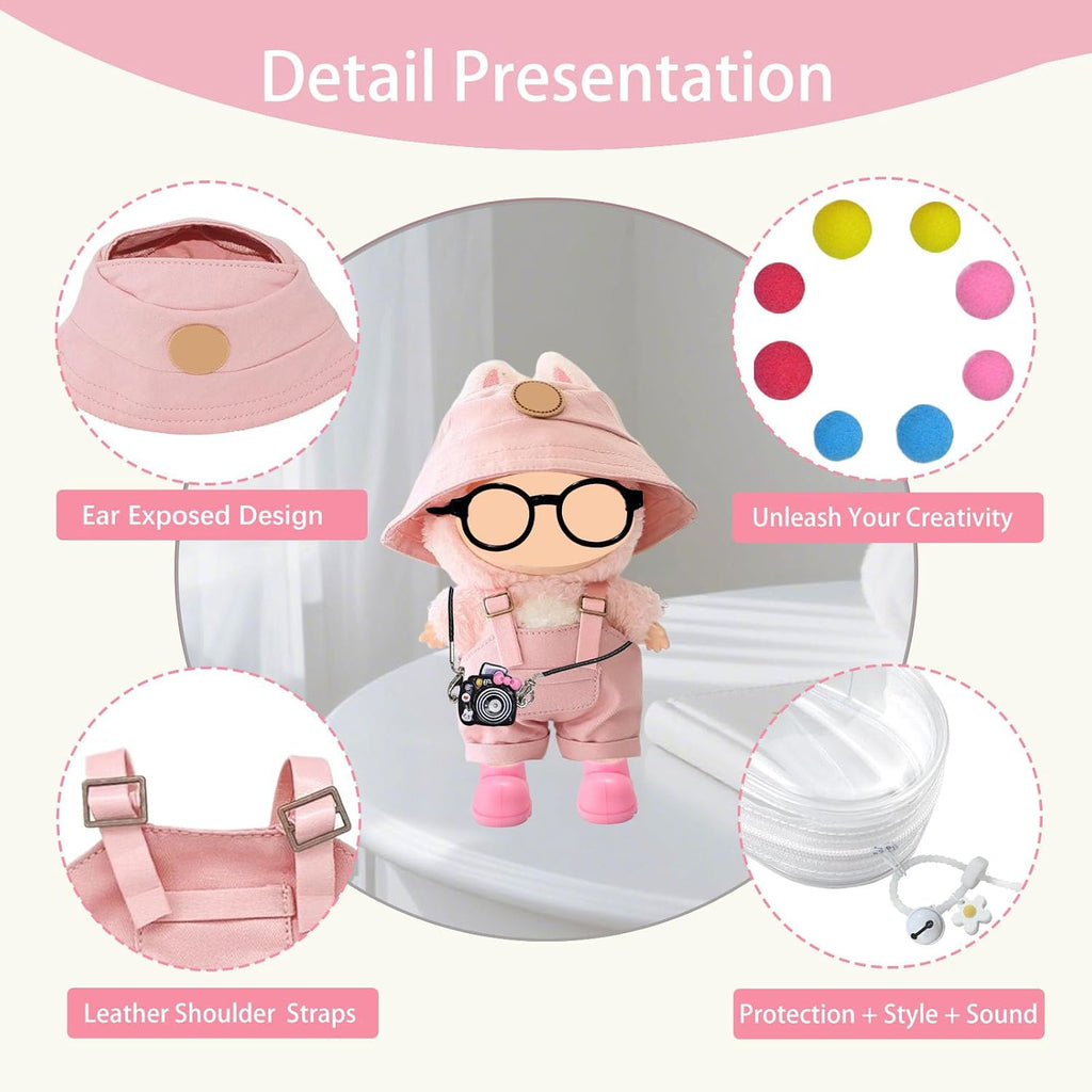 For Labubu Clothes Canvas Overalls & Hat Set - with Headphones, Camera, Bell & Case for 17Cm Doll 