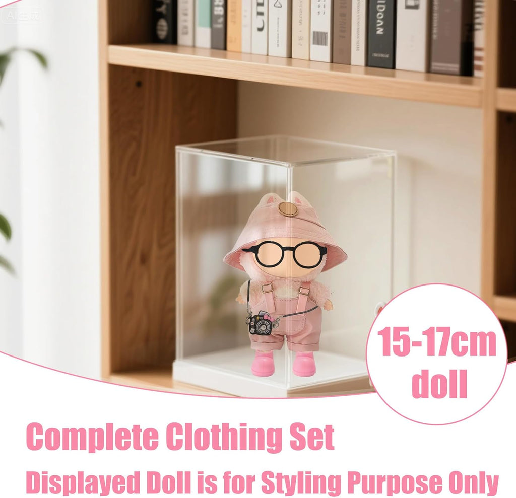 For Labubu Clothes Canvas Overalls & Hat Set - with Headphones, Camera, Bell & Case for 17Cm Doll 
