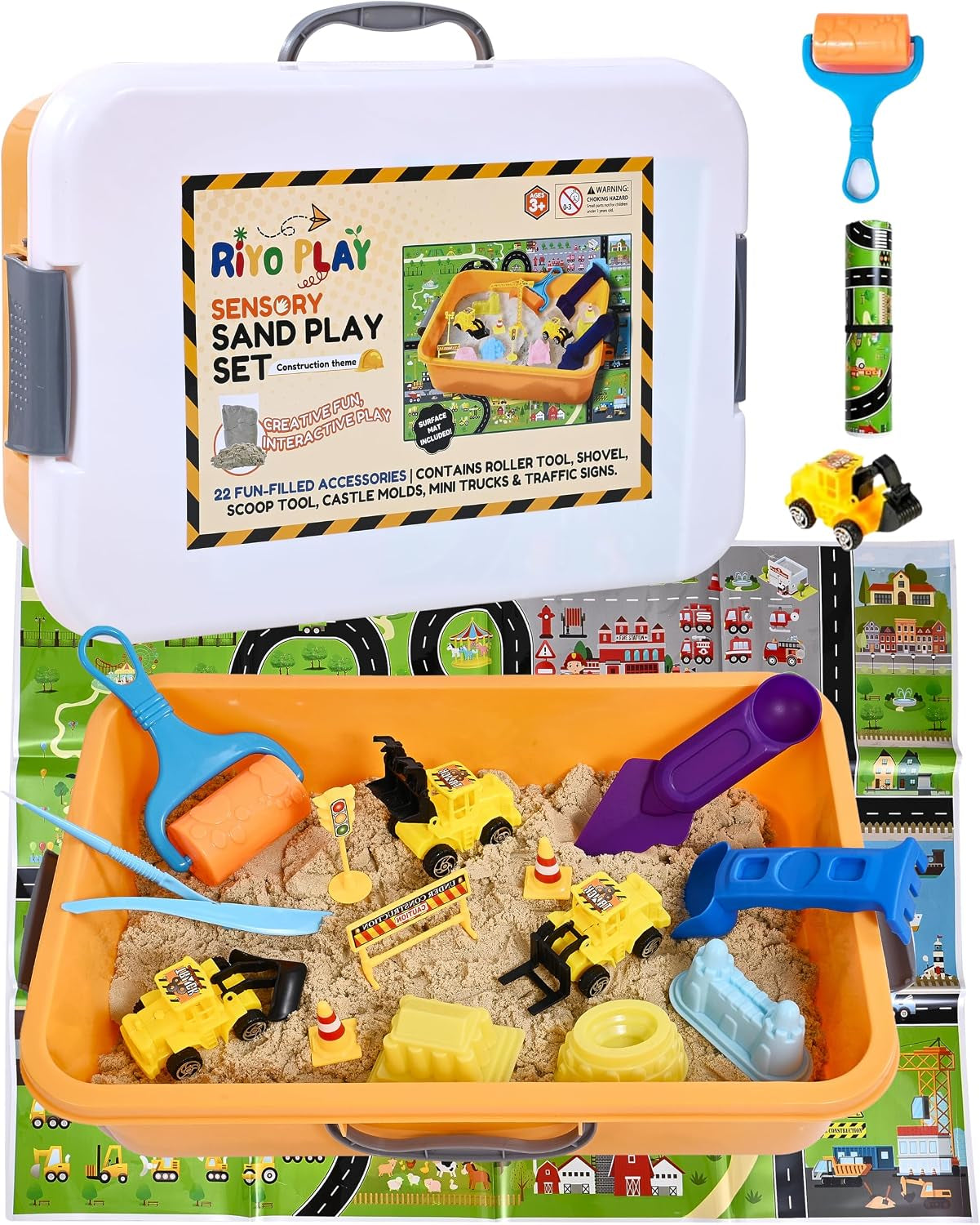 Construction Sensory Bin for Toddlers with 2-In-1 Play Mat 