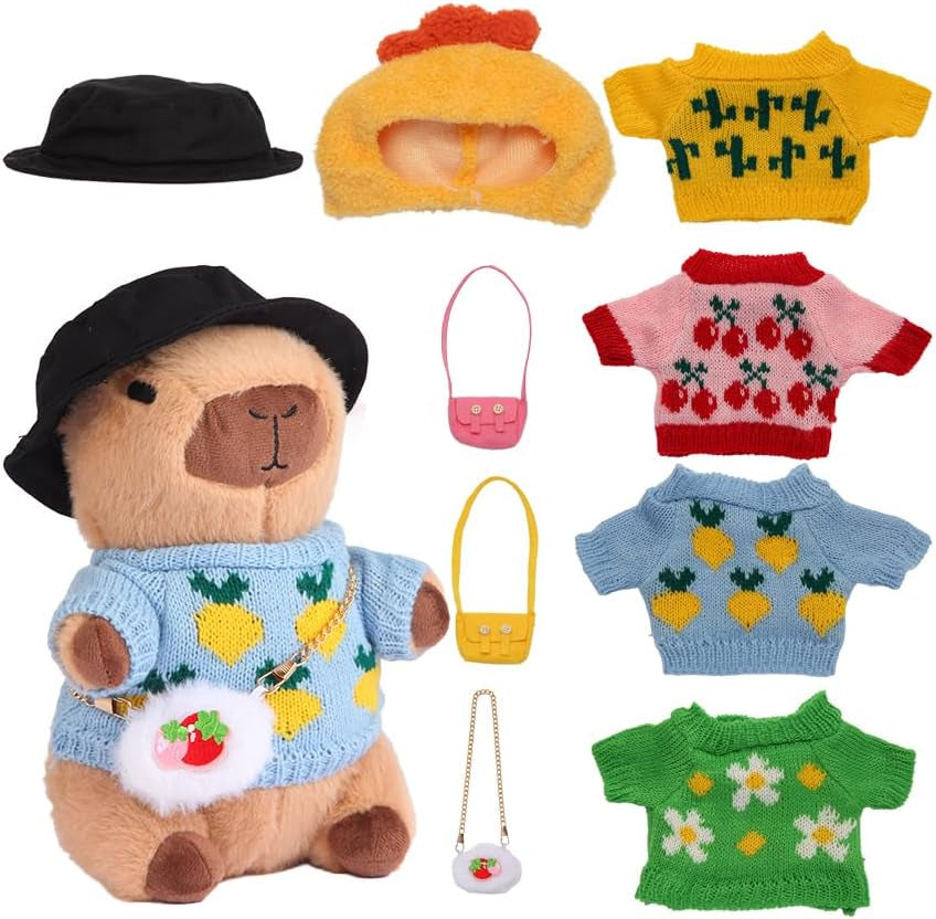 Cute Capybara Plush with 9 Pcs Clothes & Accessories