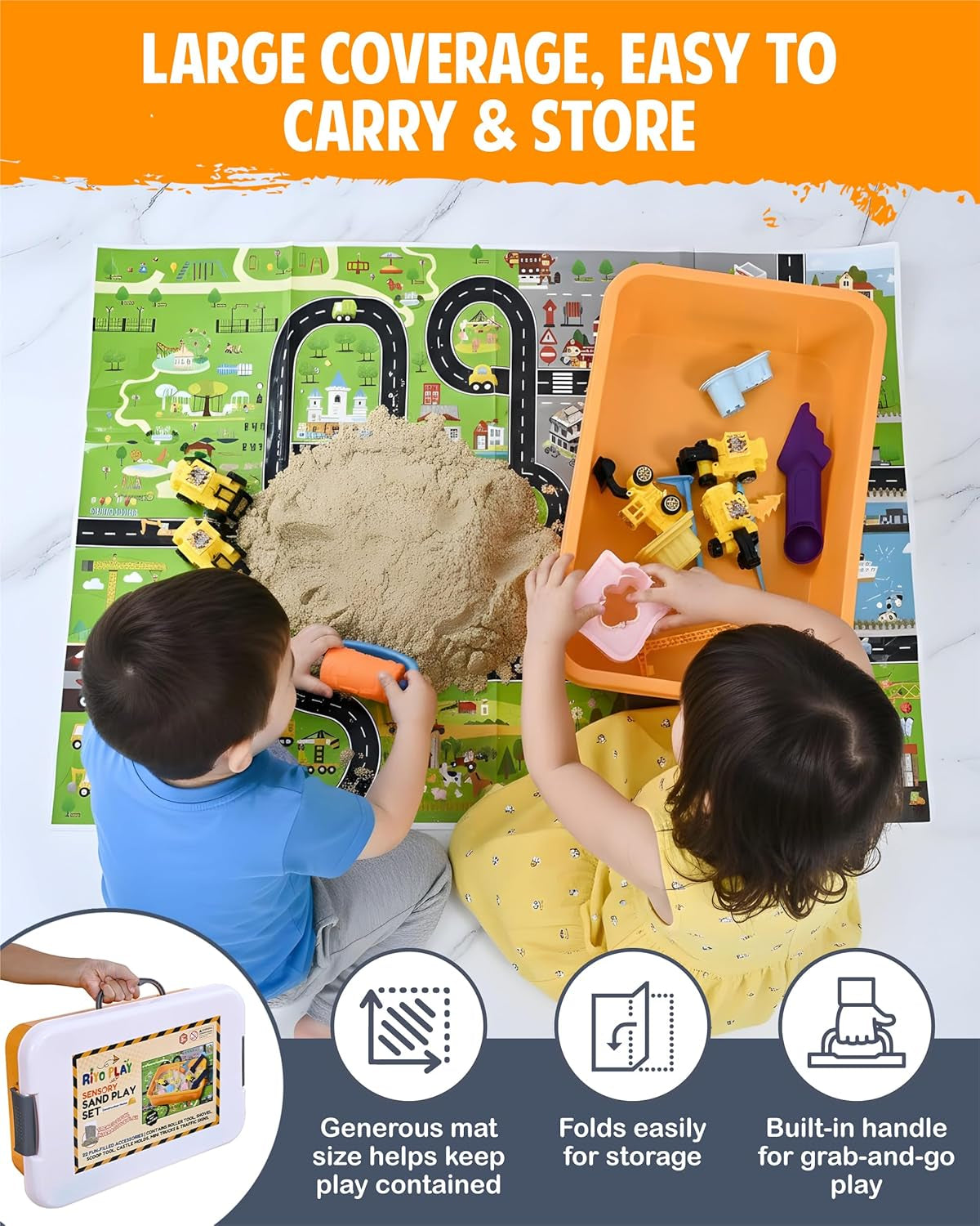 Construction Sensory Bin for Toddlers with 2-In-1 Play Mat 