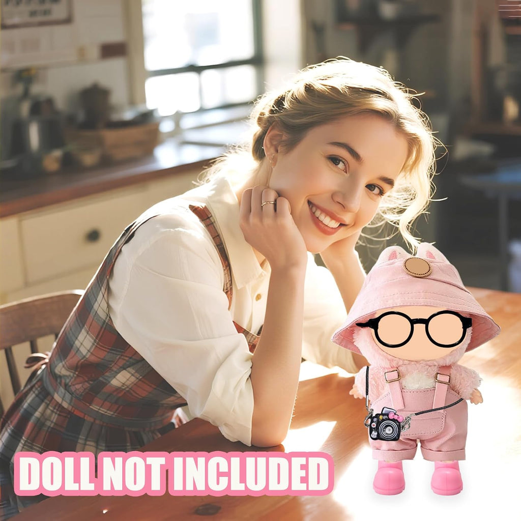 For Labubu Clothes Canvas Overalls & Hat Set - with Headphones, Camera, Bell & Case for 17Cm Doll 