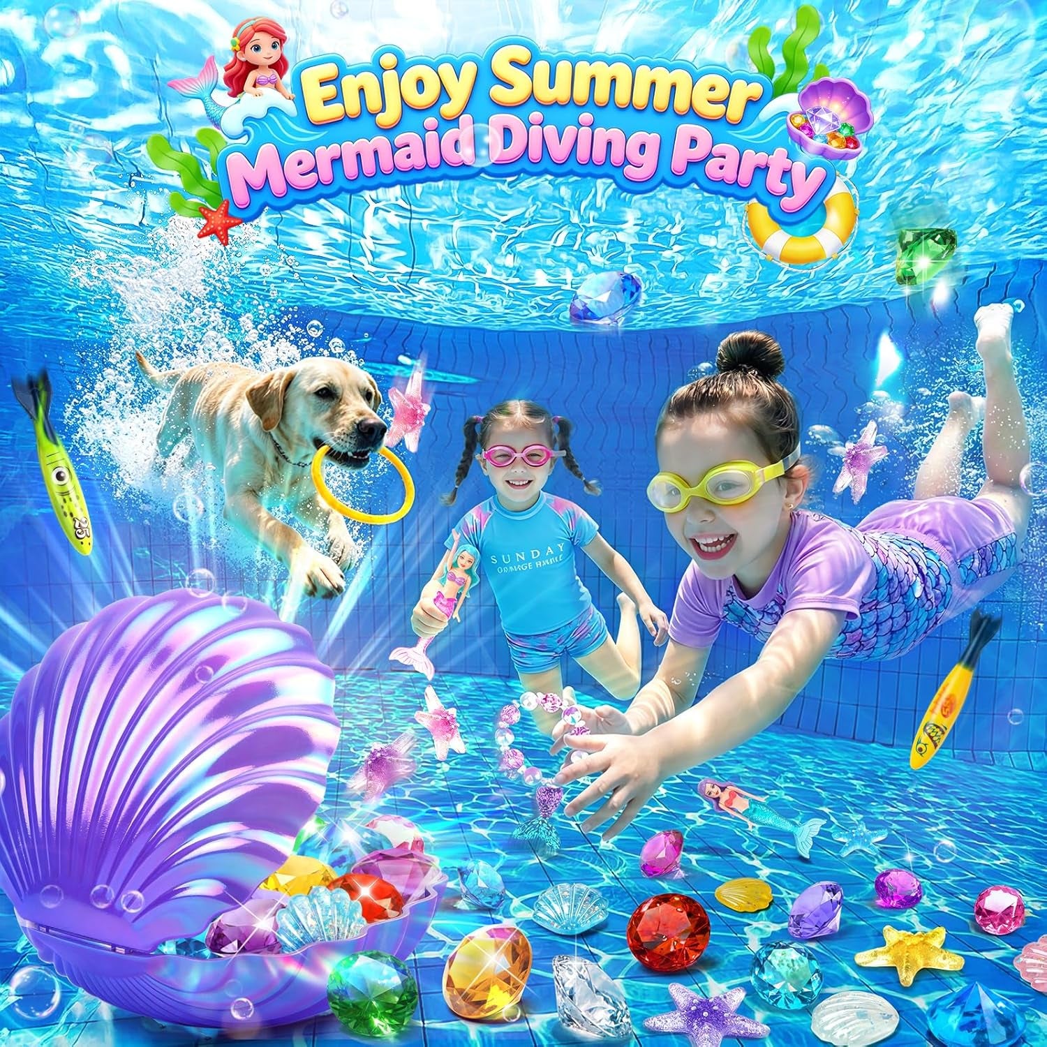 Diving Pool Toys for Kids Diving Gem Treasure Chest, 29Pcs 