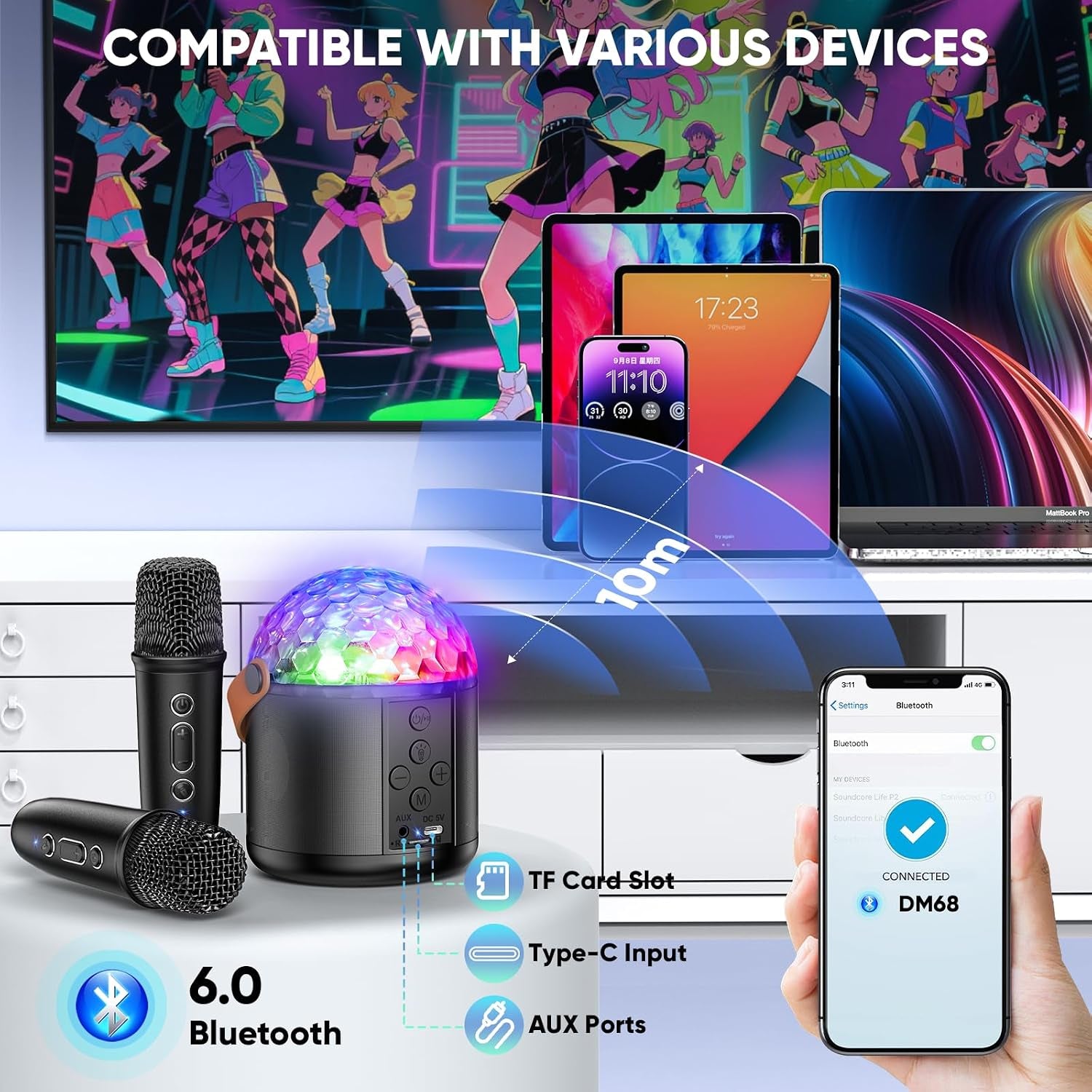 Portable Bluetooth Speaker with 2 Wireless Microphones