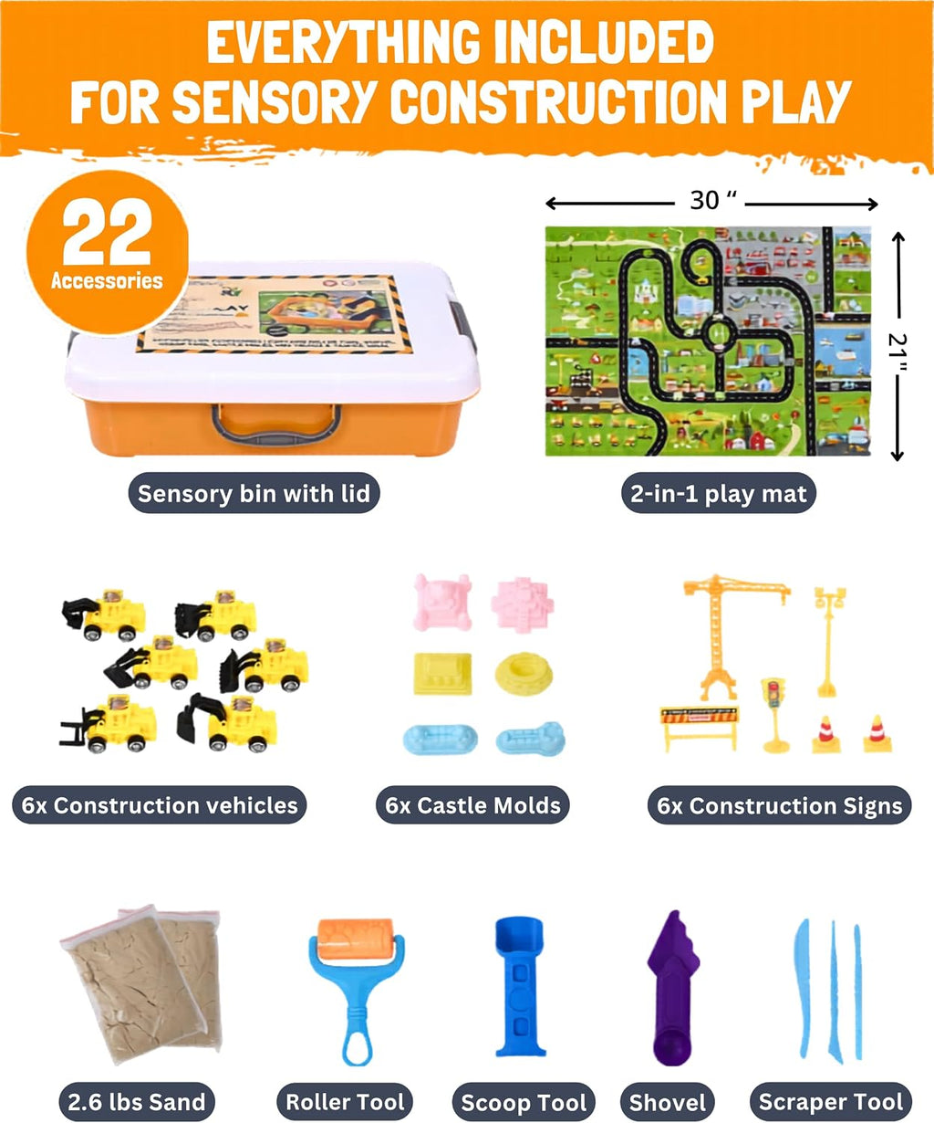 Construction Sensory Bin for Toddlers with 2-In-1 Play Mat 